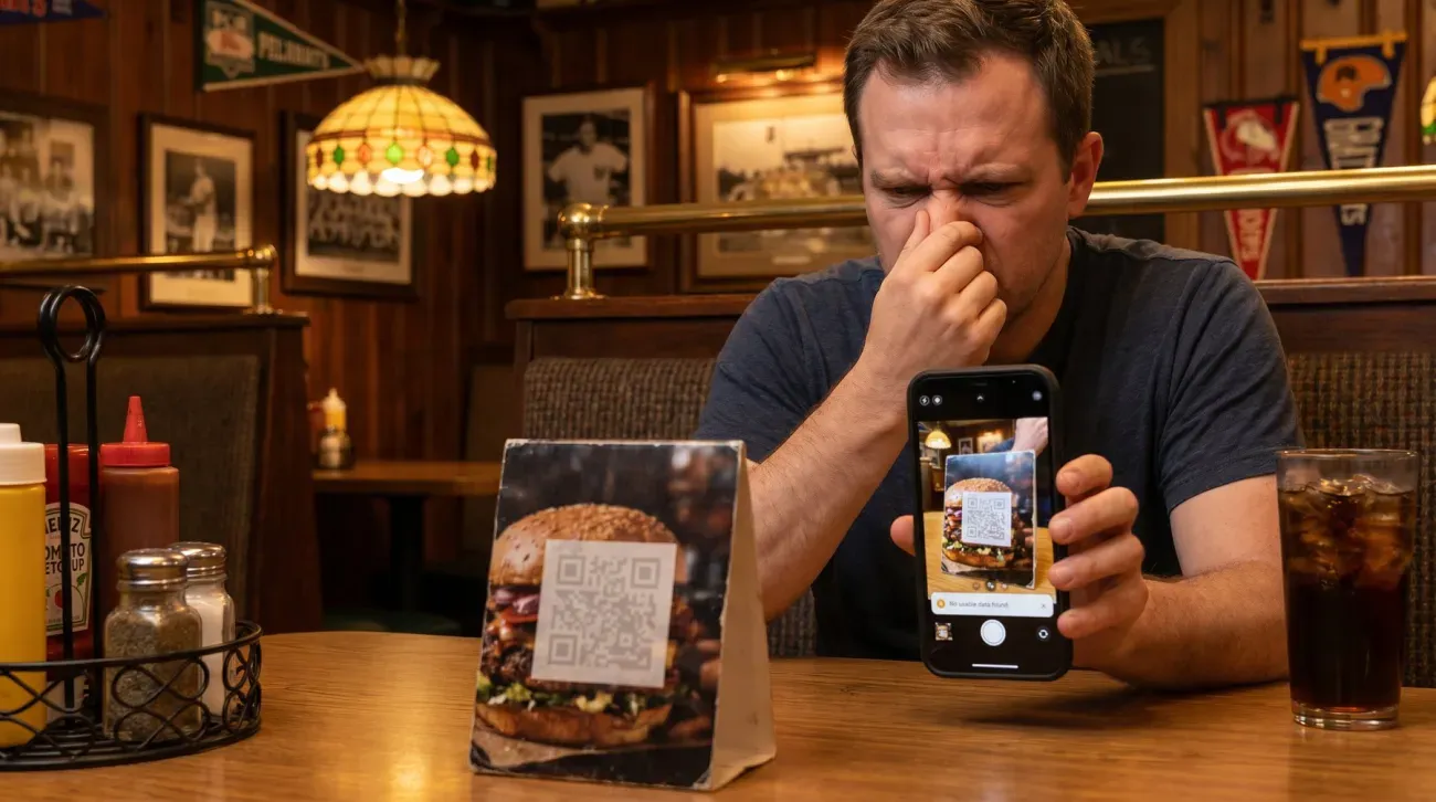 Illustration of a diner testing a menu QR code