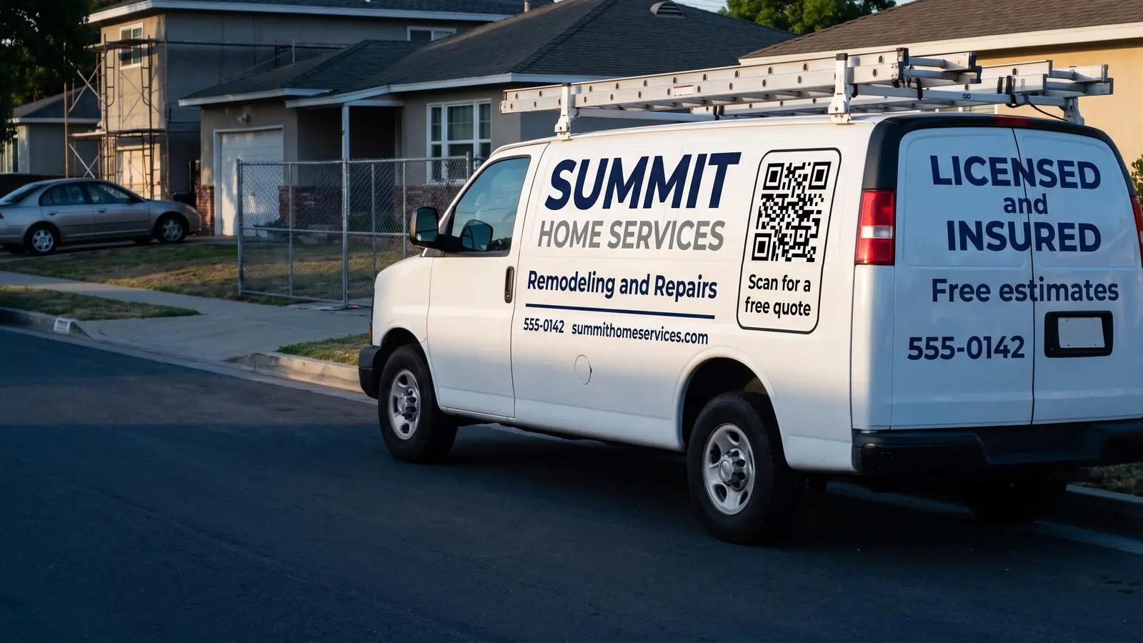 A contractor work van with a Scan for a free quote QR code