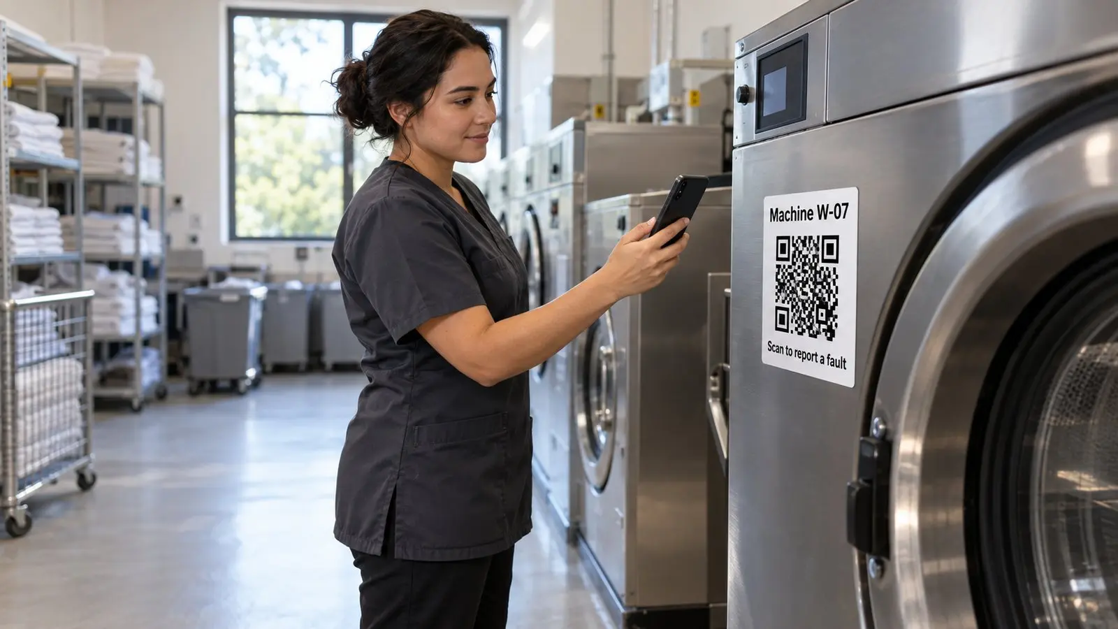 A staff member in a commercial laundry holds up a phone to scan an asset label on a washing machine that reads Machine W-07, scan to report a fault