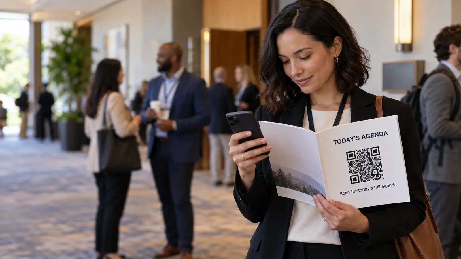 A conference attendee in a hotel hallway checks a phone while holding a program open to a Today's agenda page with a QR code that reads scan for today's full agenda
