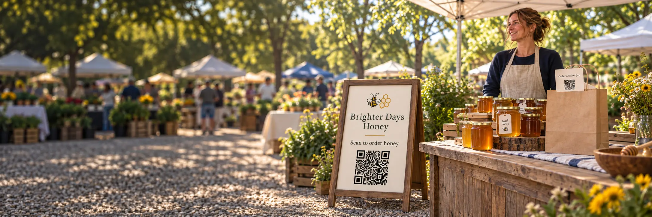 A honey vendor beside a Brighter Days Honey sandwich board with a bee logo, a fully visible QR code and the instruction “Scan to order honey.”