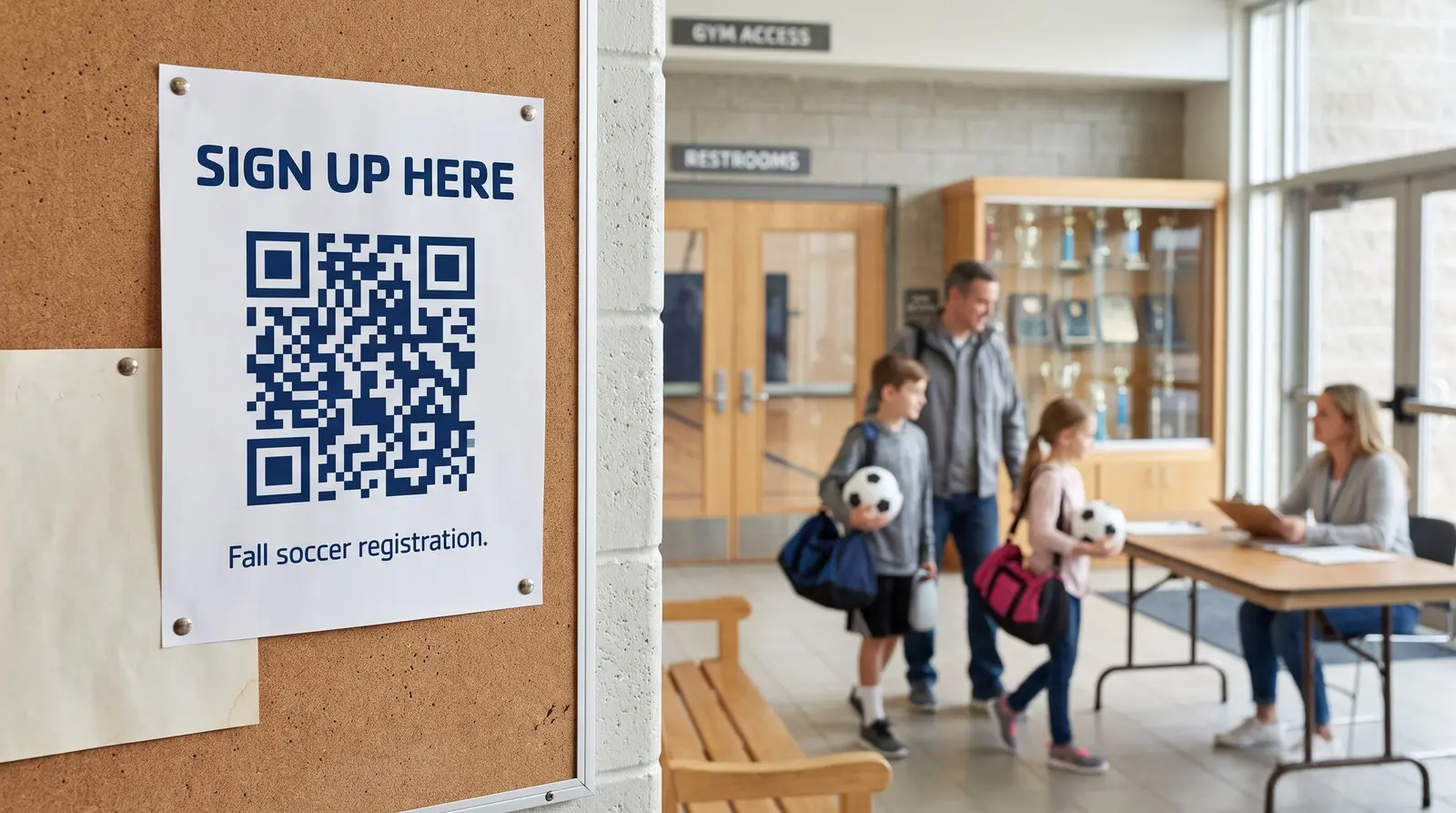 A community-center bulletin-board flyer reading Sign up here with a QR code, while a family carrying soccer balls heads to the registration table behind it