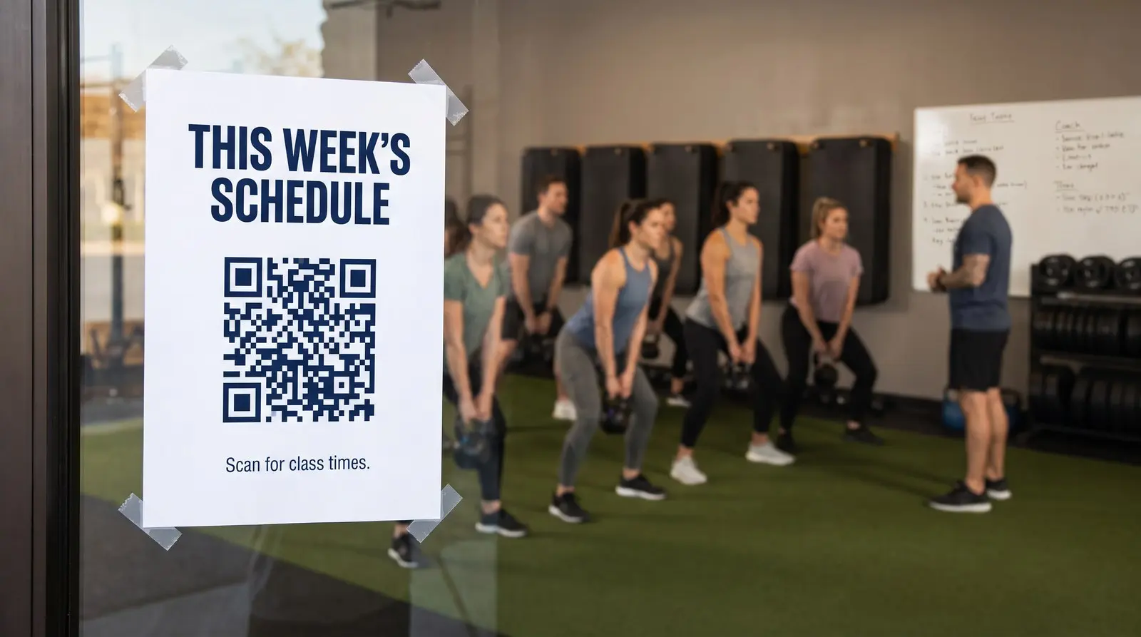 A gym door sign reading This week's schedule with a QR code, while a kettlebell class trains on the turf behind the glass