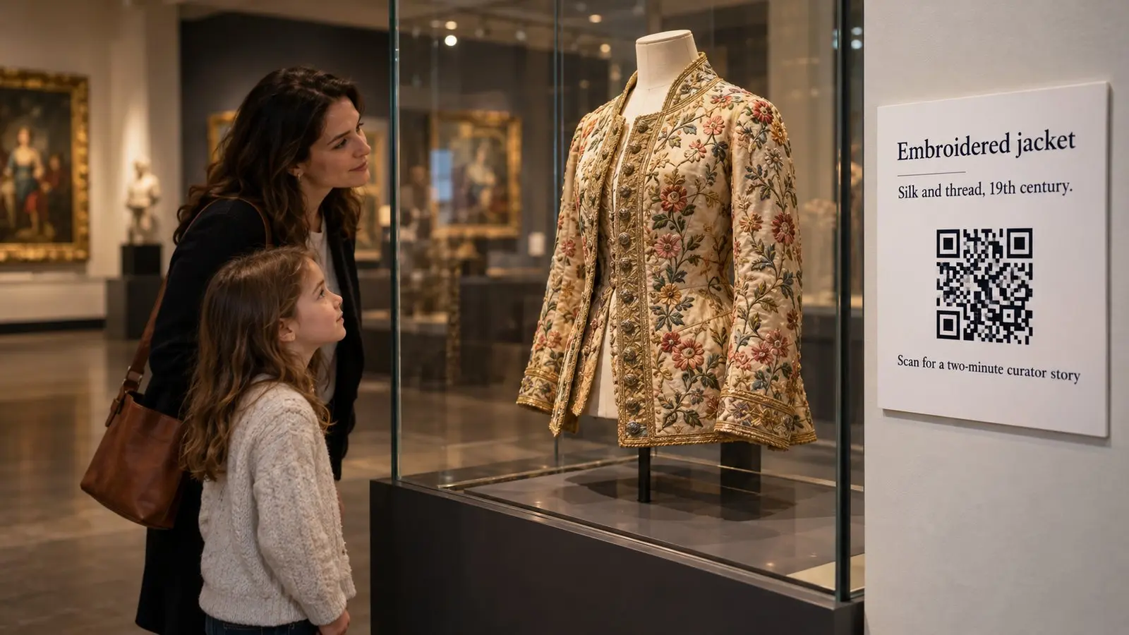 A woman and a girl look at an embroidered jacket in a museum case beside a wall label with a QR code that reads scan for a two-minute curator story