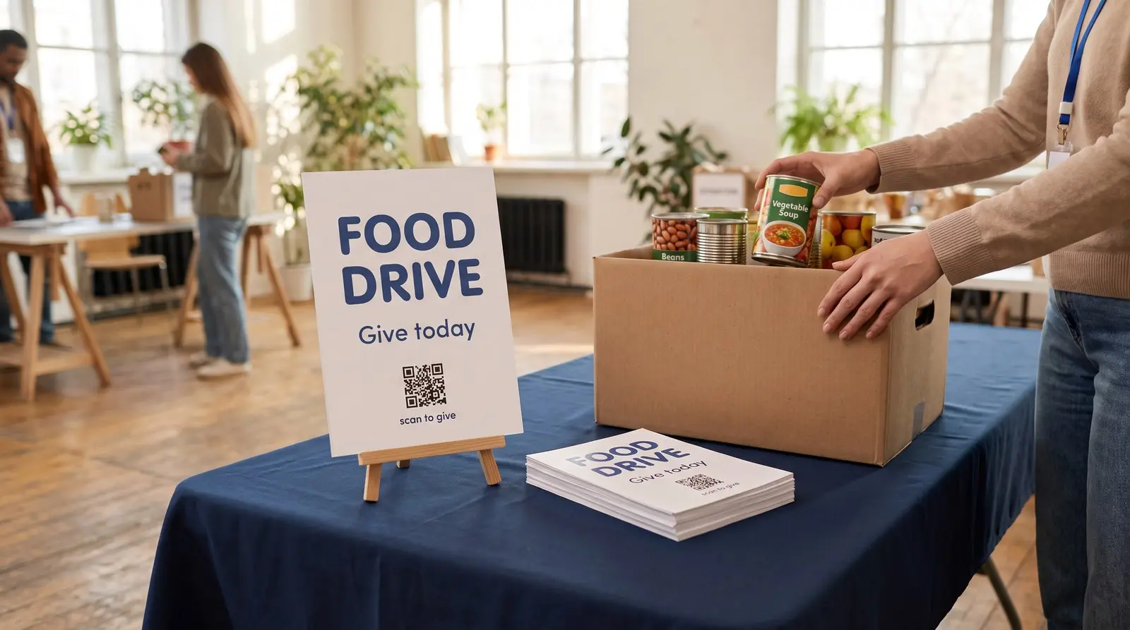 A food-drive donation table with an easel sign reading Food Drive, Give today, scan to give beside a QR code, a stack of matching flyers, and a volunteer placing canned goods into a cardboard box