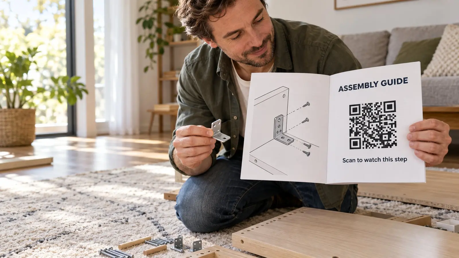 A man kneeling among flat-pack desk parts holds a metal bracket and an assembly guide open to a QR code that reads scan to watch this step