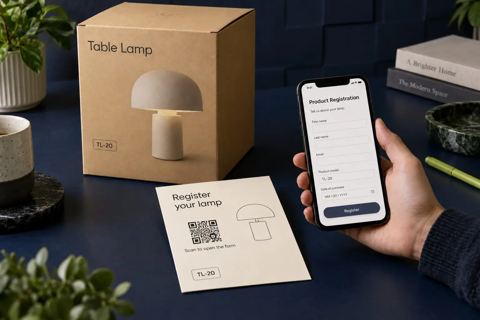 Illustration of a fictional TL-20 table lamp box beside its registration insert and a phone showing the matching product form. The pictured QR pattern is decorative.