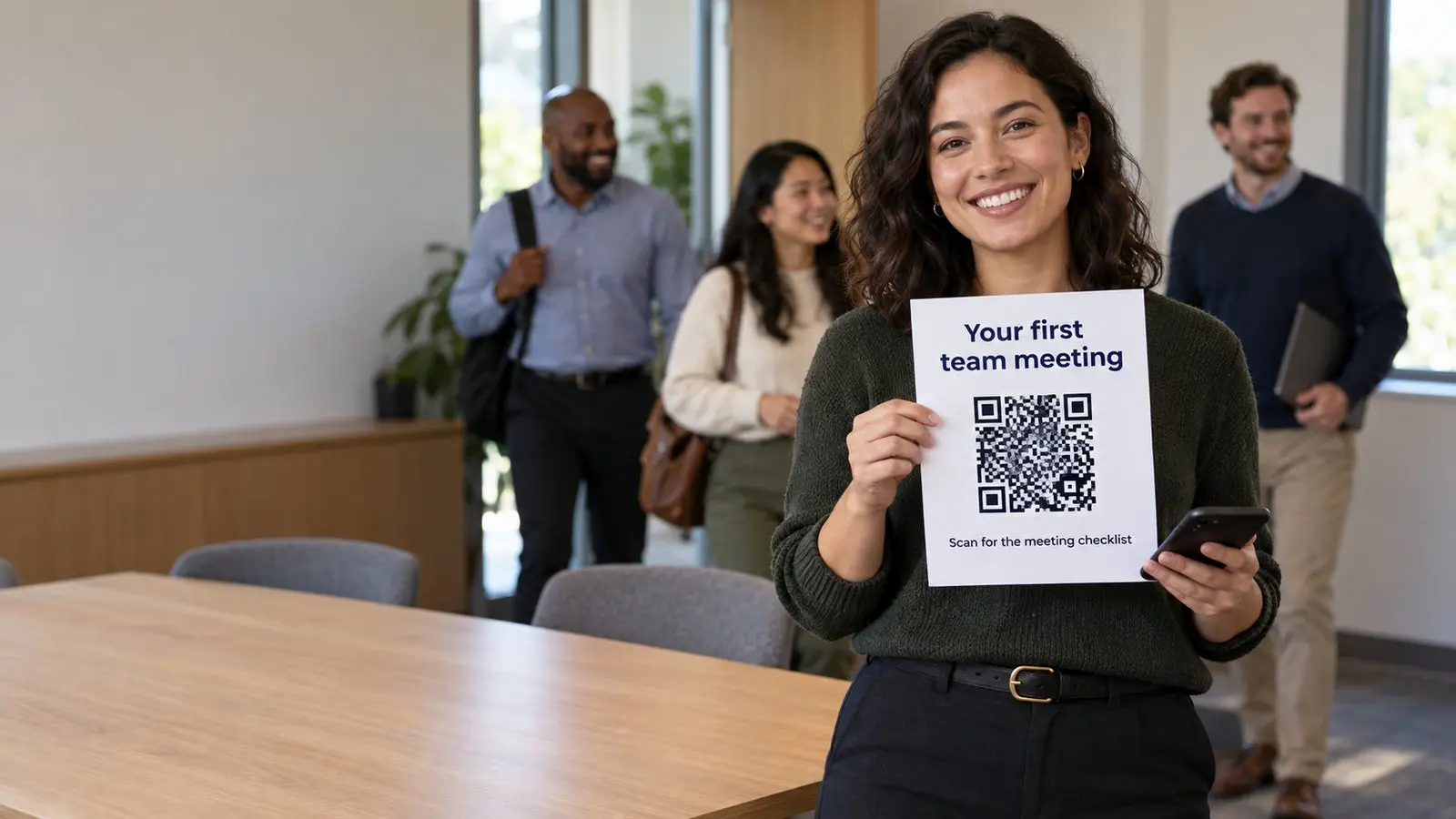 A new supervisor in a meeting room holds a handout titled Your first team meeting with a QR code that reads scan for the meeting checklist, as colleagues arrive