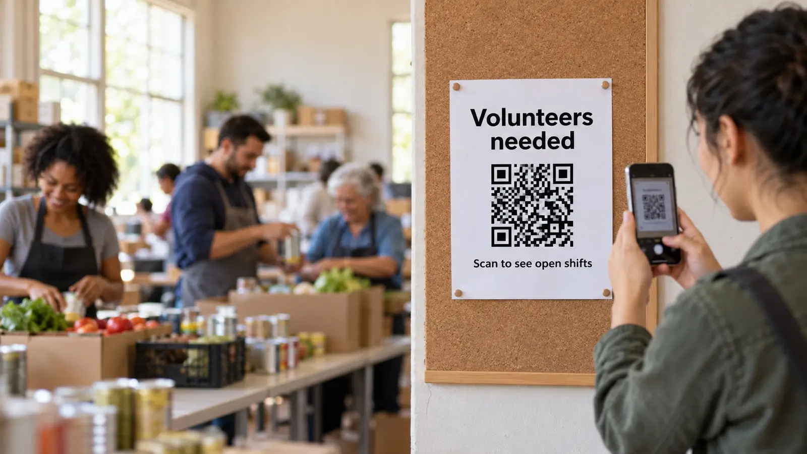 A person scans a Volunteers needed flyer on a cork board that reads scan to see open shifts, while volunteers sort food donations in the background