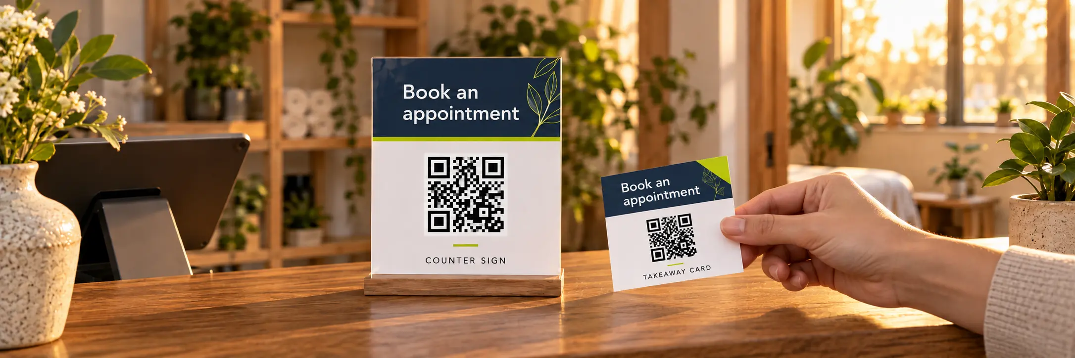 Illustrative appointment counter with a QR sign and a separate takeaway card held by a customer.