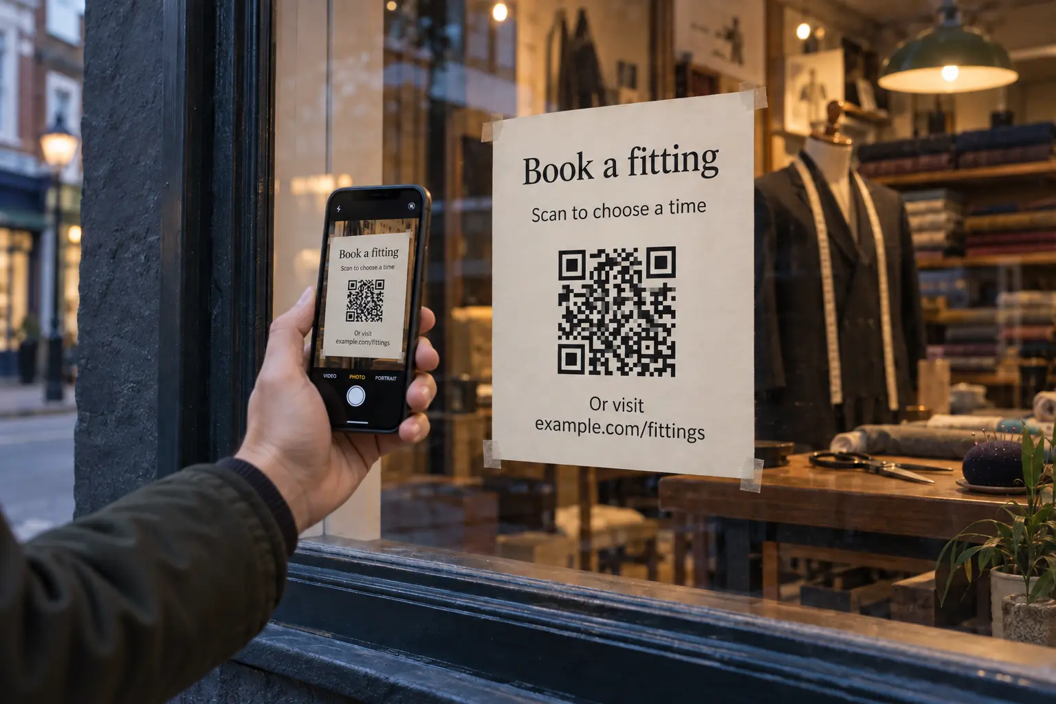Illustrative tailoring-shop window sign inviting customers to book a fitting, with a complete QR pattern and a customer holding a phone outside the glass.