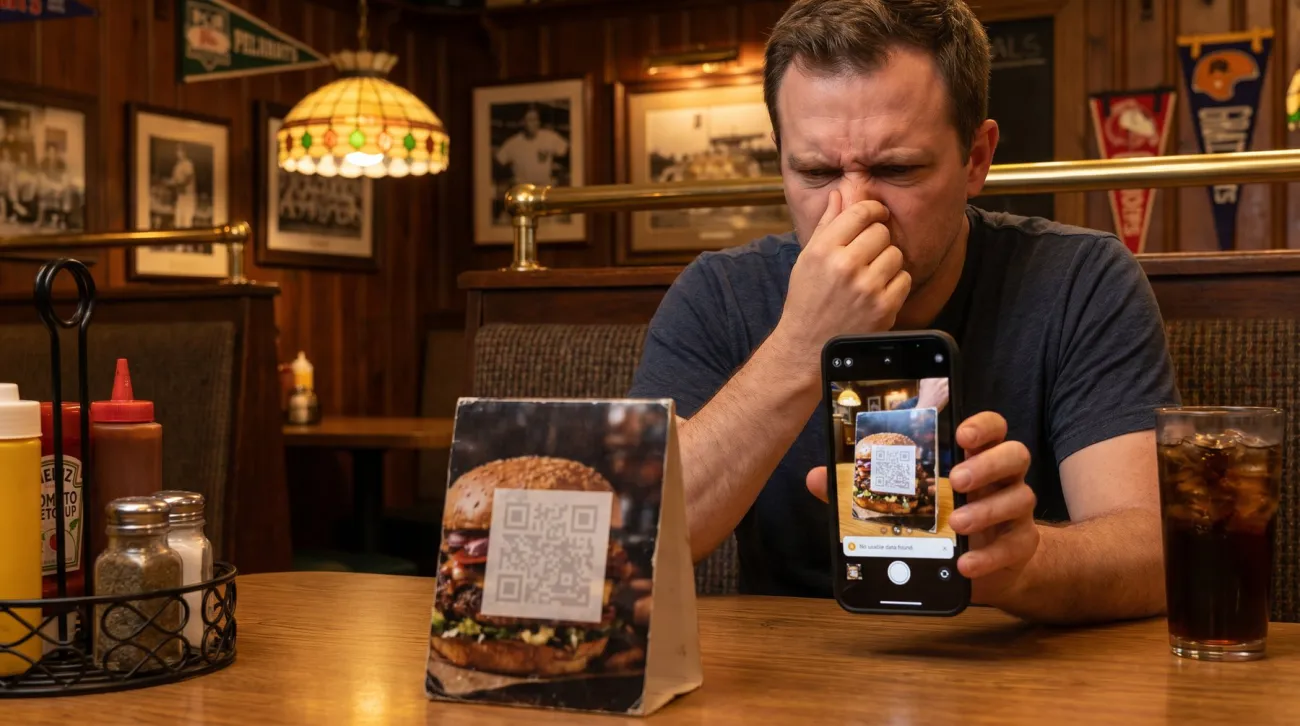A frustrated diner trying and failing to scan a poorly designed QR code on a restaurant table
