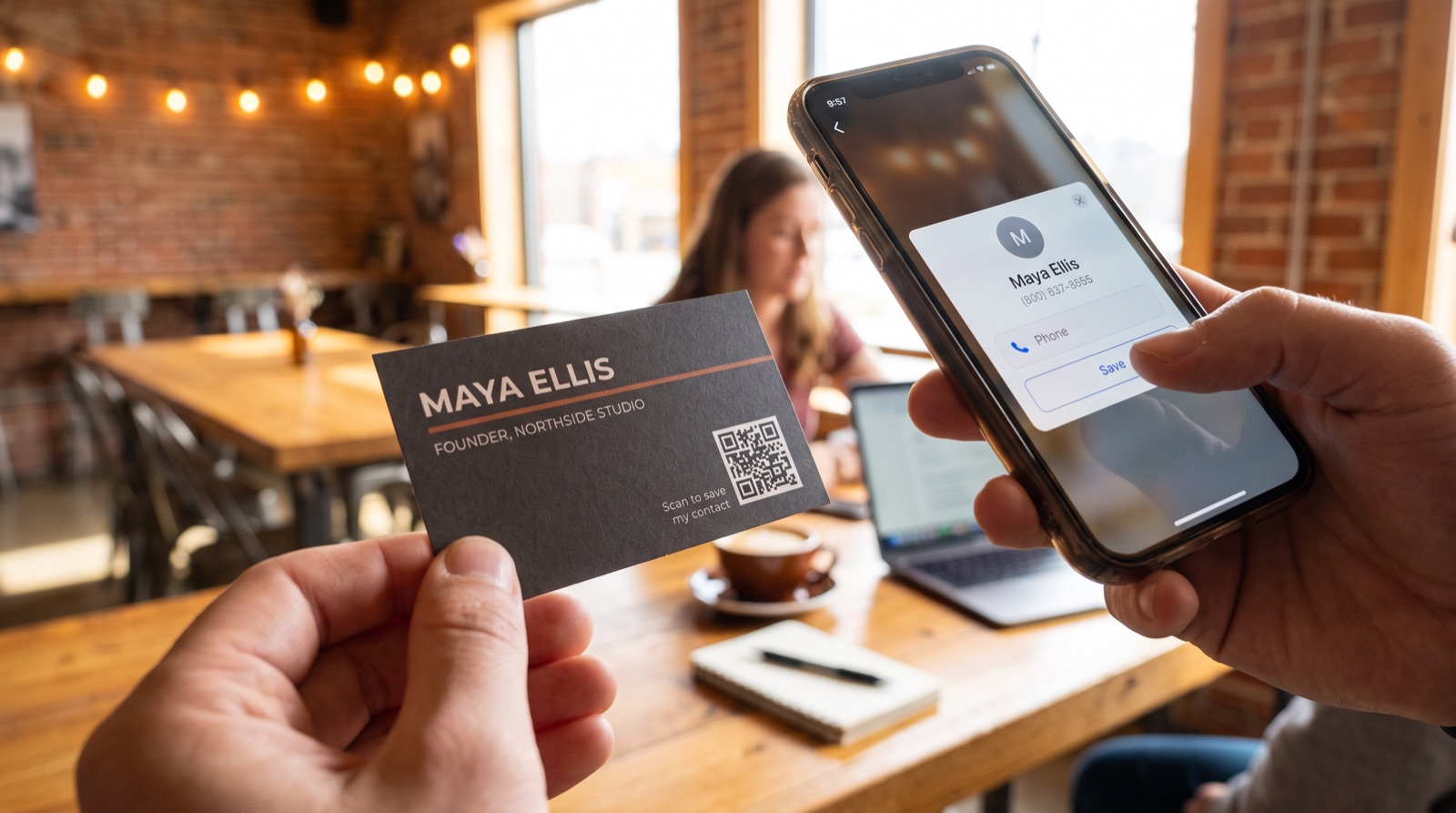 A person scanning the QR code on a business card with their phone