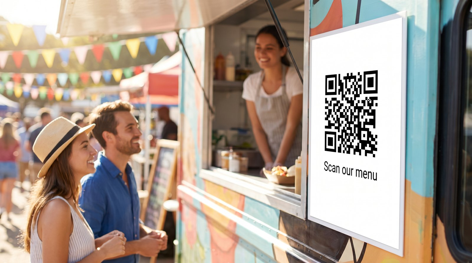 A food-truck window sign reading "Scan our menu"