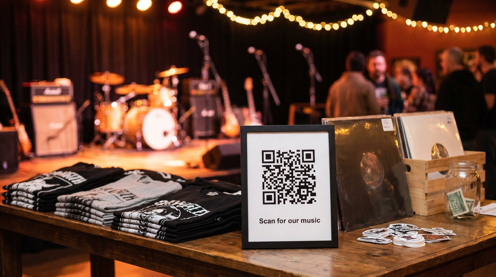 A band merch table sign reading "Scan for our music"