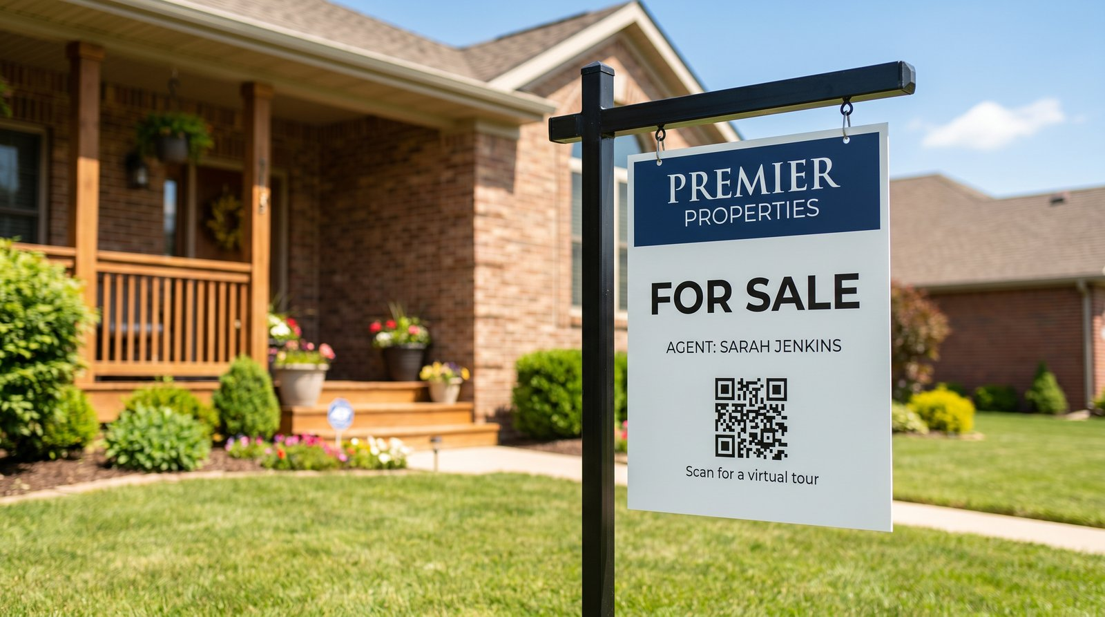 A "For Sale" yard sign with a "Scan for a virtual tour" QR code