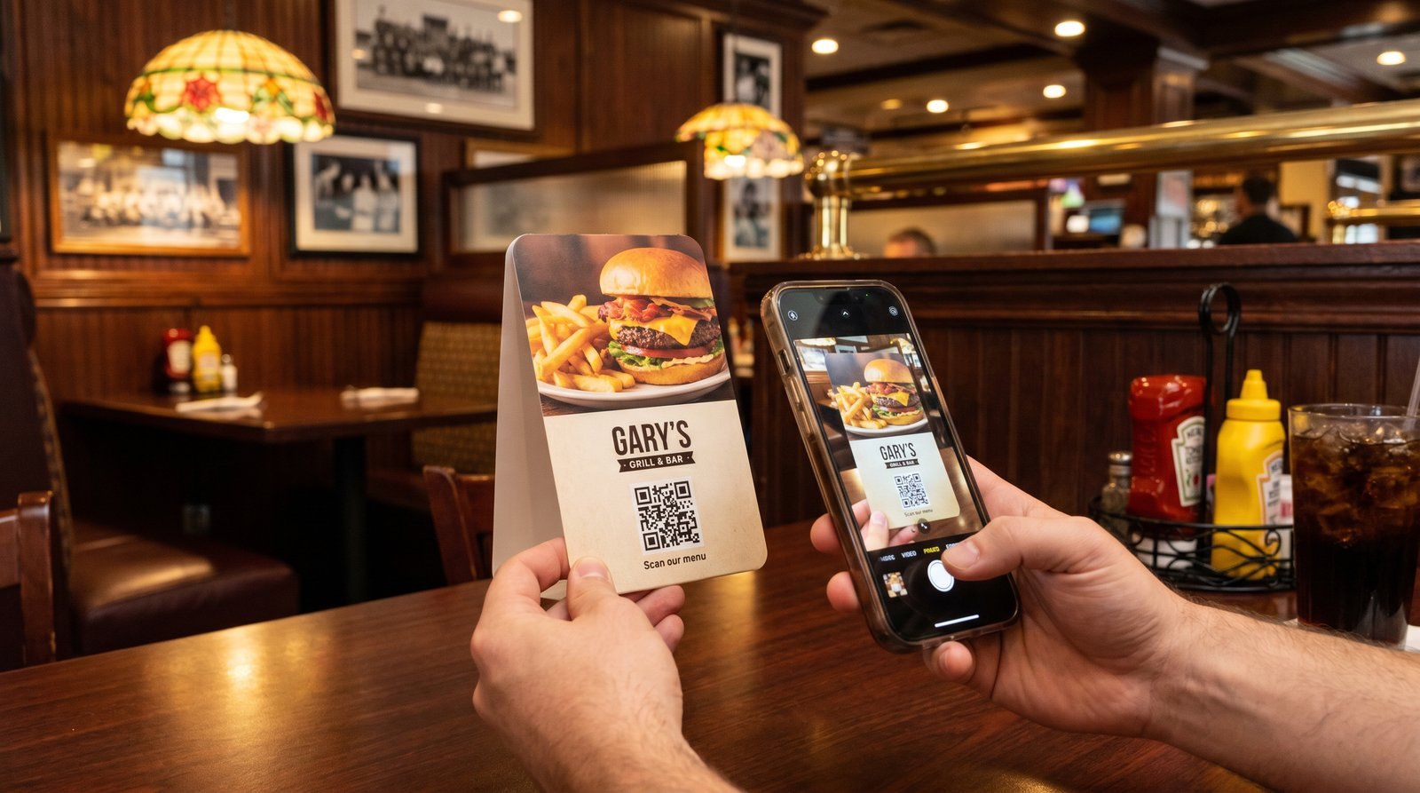 A diner scanning a premium menu table tent in a casual grill
