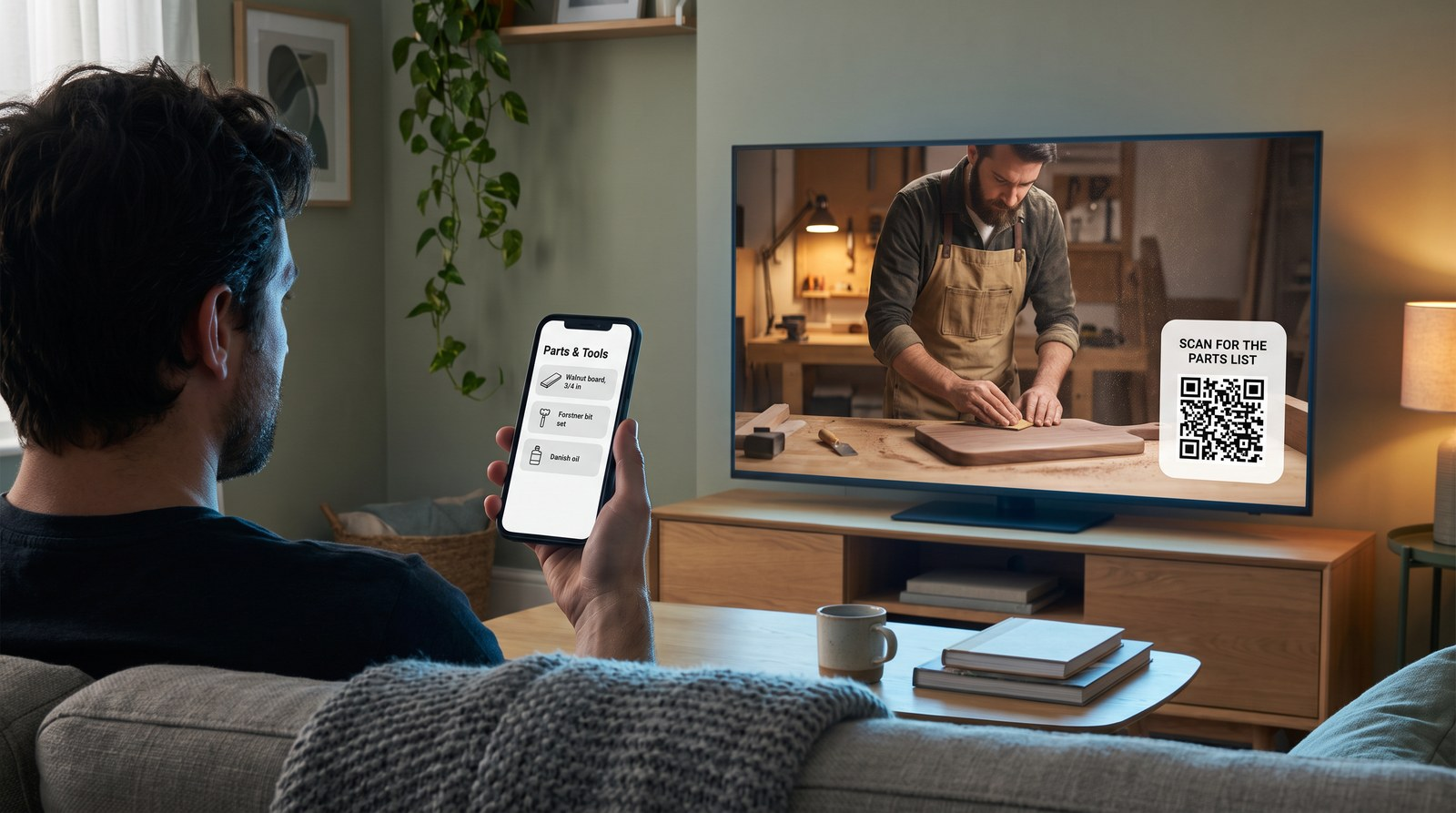 A person on a sofa scanning a QR code shown on a television with their phone
